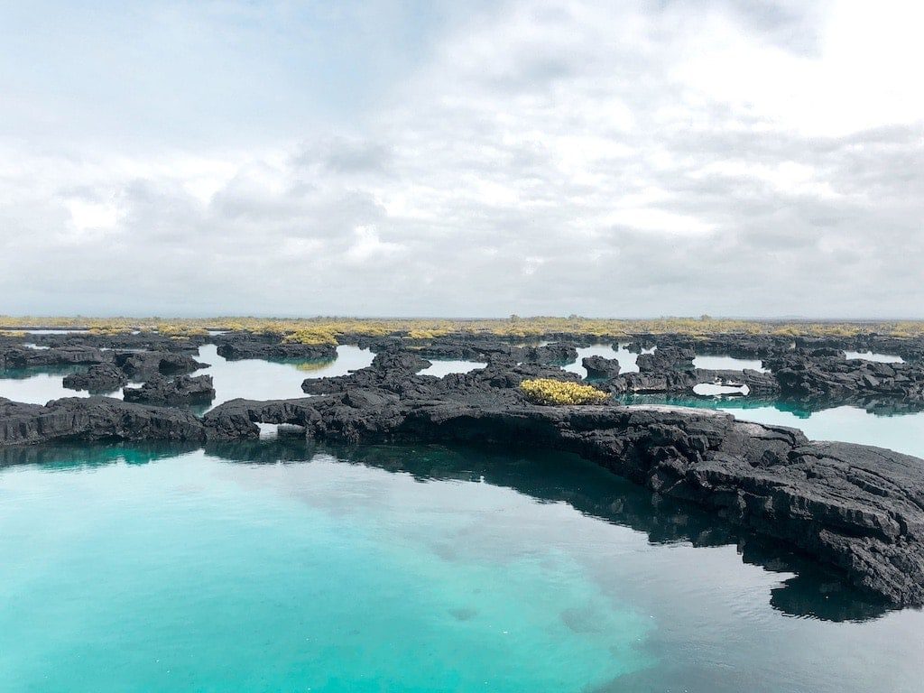 Blue water and volcanic rock on Los Tuneles tour in the Galapagos.