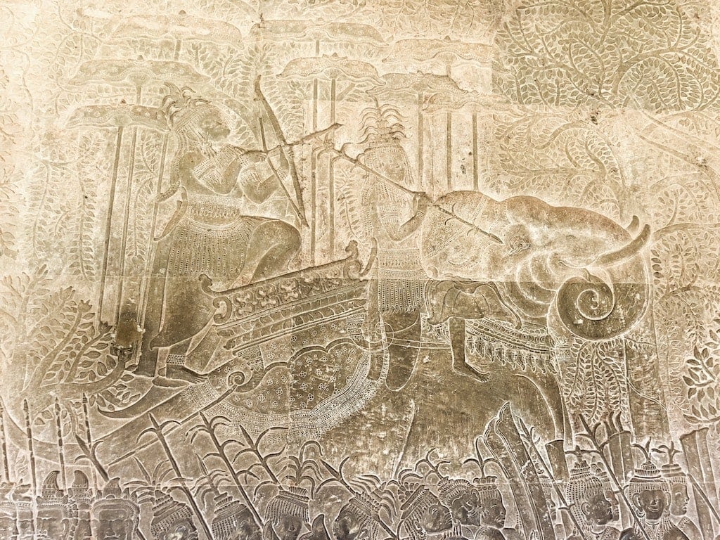 Bas-relief carving on the walls of Angkor Wat