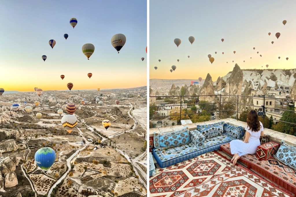 Balloons view from Cappadocia rooftop